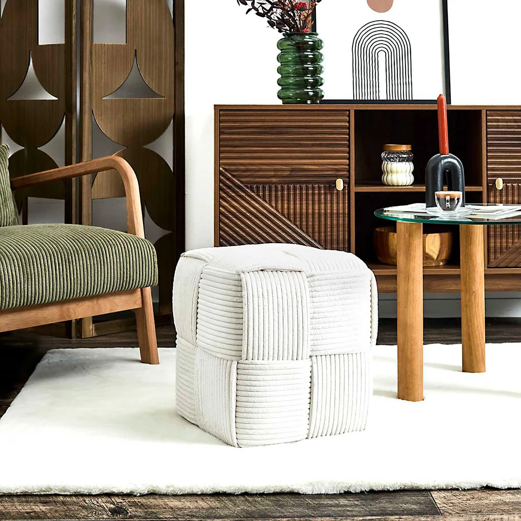 Pouf En Tissu Côtelé Tressé Beige - Scarlett 2 Pouf En Tissu Côtelé Tressé Beige - Scarlett – Image 2