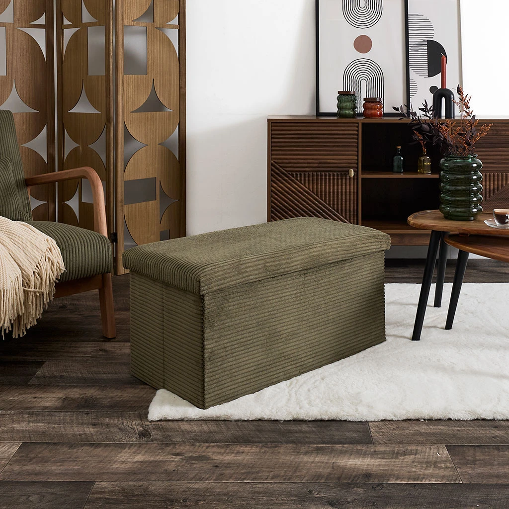 Banc Coffre Pliable En Tissu Côtelé Vert - Scarlett 2 Banc Coffre Pliable En Tissu Côtelé Vert - Scarlett – Image 2