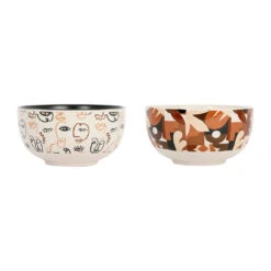 Bols X2 Visage Beige Et Brun 32.5cl En Grès - Terre Brulée