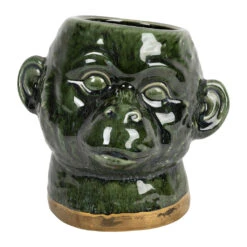 Cache Pot Singe En Grès Kaki Et Doré - Sanaga