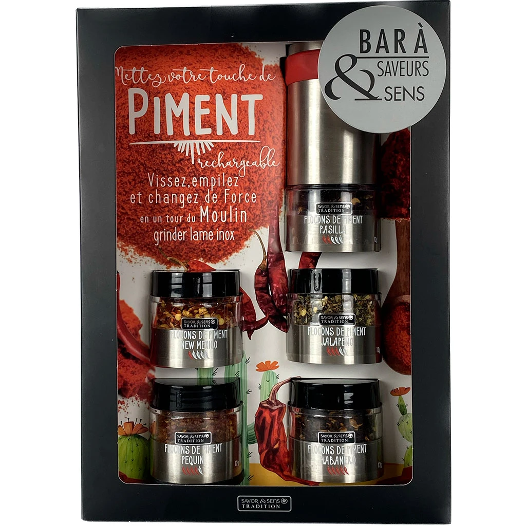 Coffret Bar à Piment Avec Moulin Intégré - 5 Pots Et Un Moulin 1 Coffret Bar à Piment Avec Moulin Intégré - 5 Pots Et Un Moulin