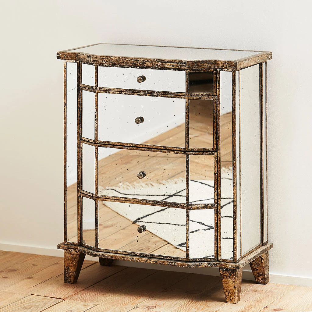 Commode En Bois Miroir Patine 4 Tiroirs H88cm 2 Commode En Bois Miroir Patine 4 Tiroirs H88cm – Image 2