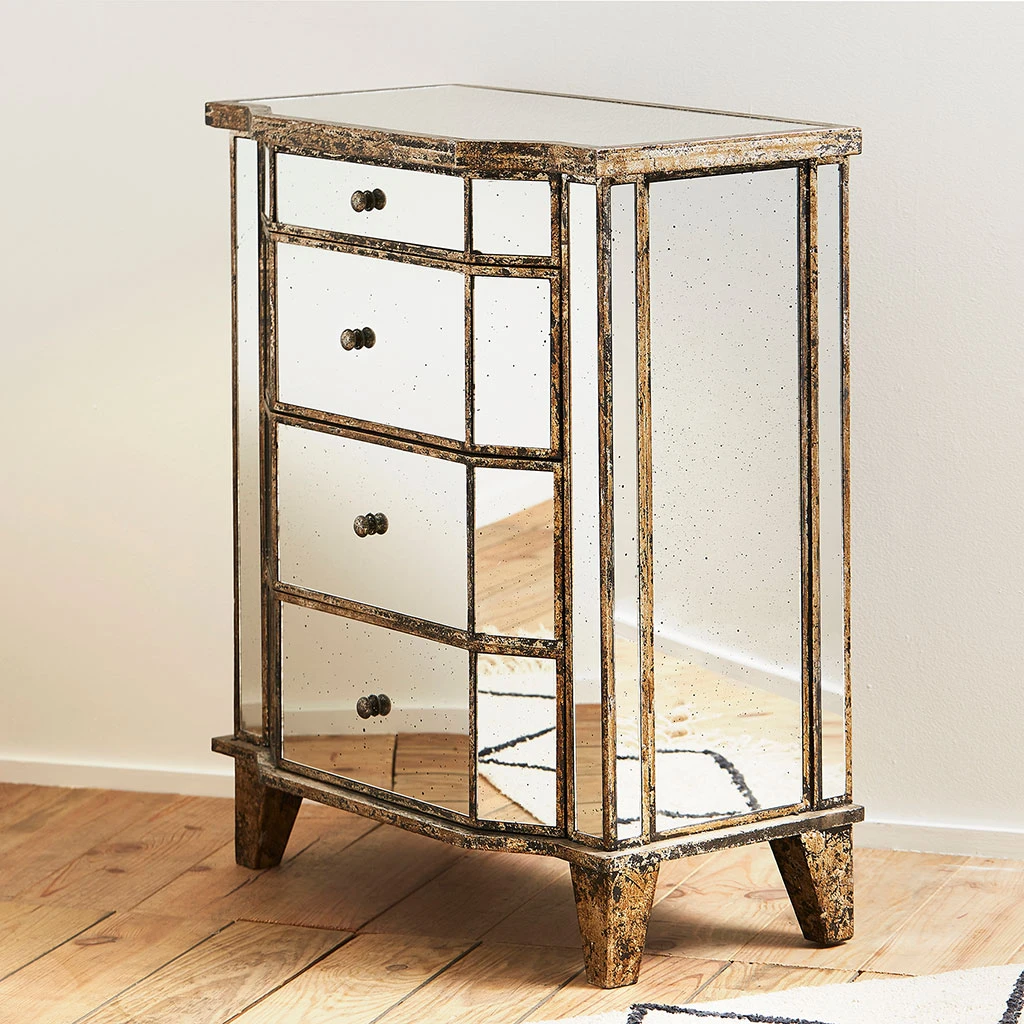 Commode En Bois Miroir Patine 4 Tiroirs H88cm 4 Commode En Bois Miroir Patine 4 Tiroirs H88cm – Image 4