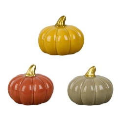 Déco Potiron X3 En Porcelaine Terracotta, Jaune Et Vert D8cm