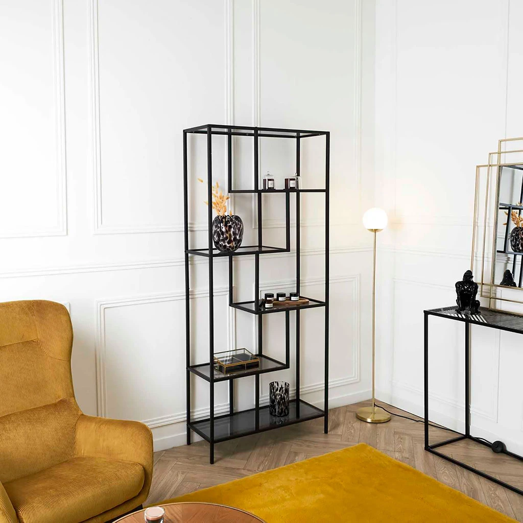 Étagère En Métal Noir Verre Fumé H180cm - Edgard 2 Étagère En Métal Noir Verre Fumé H180cm - Edgard – Image 2
