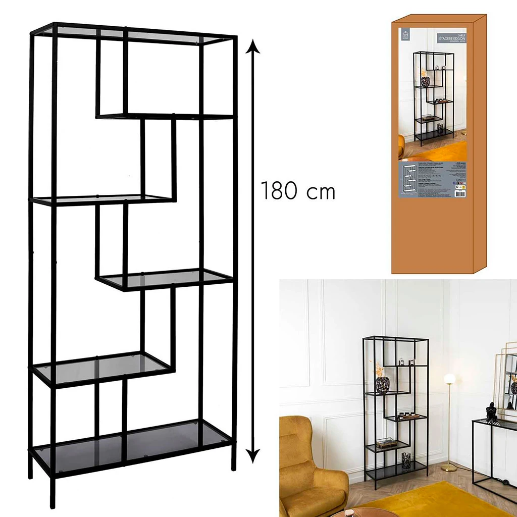 Étagère En Métal Noir Verre Fumé H180cm - Edgard 3 Étagère En Métal Noir Verre Fumé H180cm - Edgard – Image 3