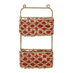 Étagère Murale 2 Paniers En Jonc De Mer Naturel Et Rouge