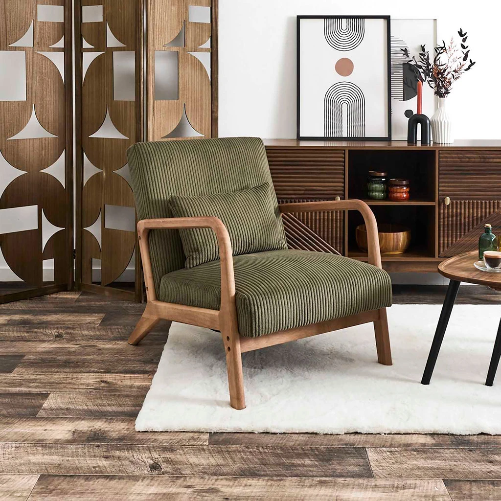 Fauteuil En Tissu Côtelé Vert Et Bois - Scarlett 2 Fauteuil En Tissu Côtelé Vert Et Bois - Scarlett – Image 2