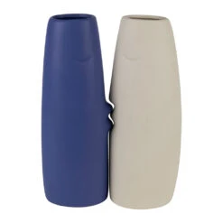 Lot De 2 Vases Visage En Grès Indigo Et écru H30cm