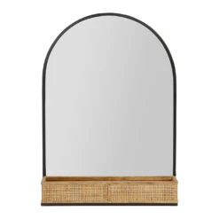 Miroir En Fer Noir Arrondie Avec étagere Bambou Naturel 50.5x70cm - Garden