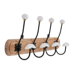Patère 4 Crochets En Acacia Et Fer Naturel Et Blanc - Campagne