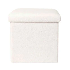 Pouf Coffre Pliable En Tissu Bouclette Blanc