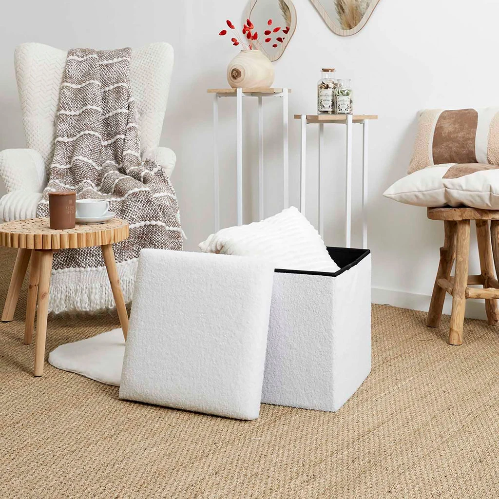 Pouf Coffre Pliable En Tissu Bouclette Blanc 2 Pouf Coffre Pliable En Tissu Bouclette Blanc – Image 2