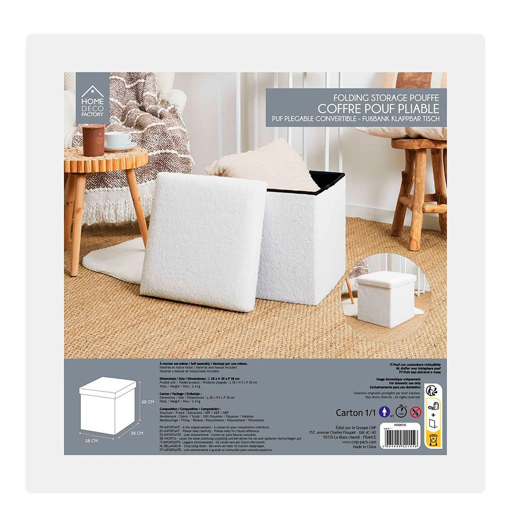 Pouf Coffre Pliable En Tissu Bouclette Blanc 3 Pouf Coffre Pliable En Tissu Bouclette Blanc – Image 3