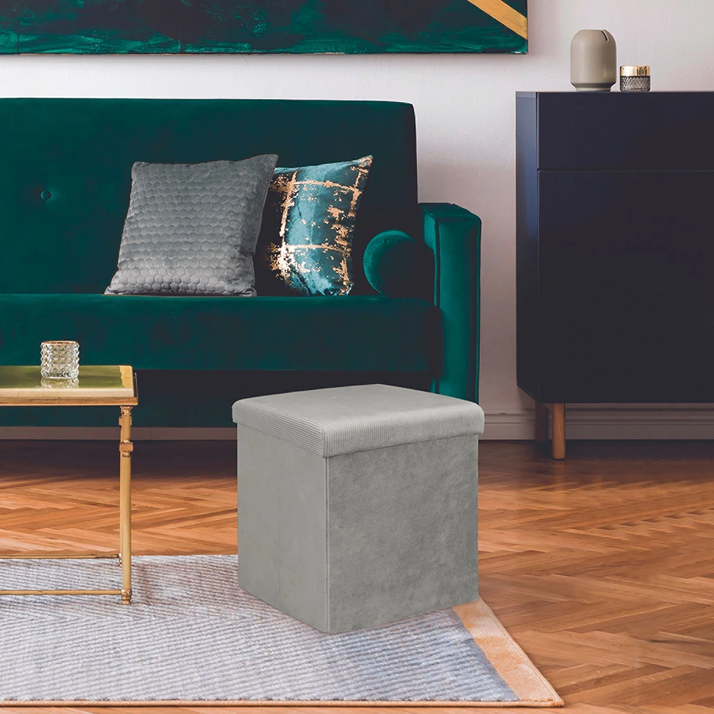 Pouf Coffre Pliable En Velours Côtelé Gris - Julia 8 Pouf Coffre Pliable En Velours Côtelé Gris - Julia – Image 8