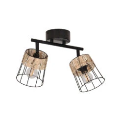 Spot 2 Lumières En Metal Et Rotin Tresse H23cm Noir - Indah