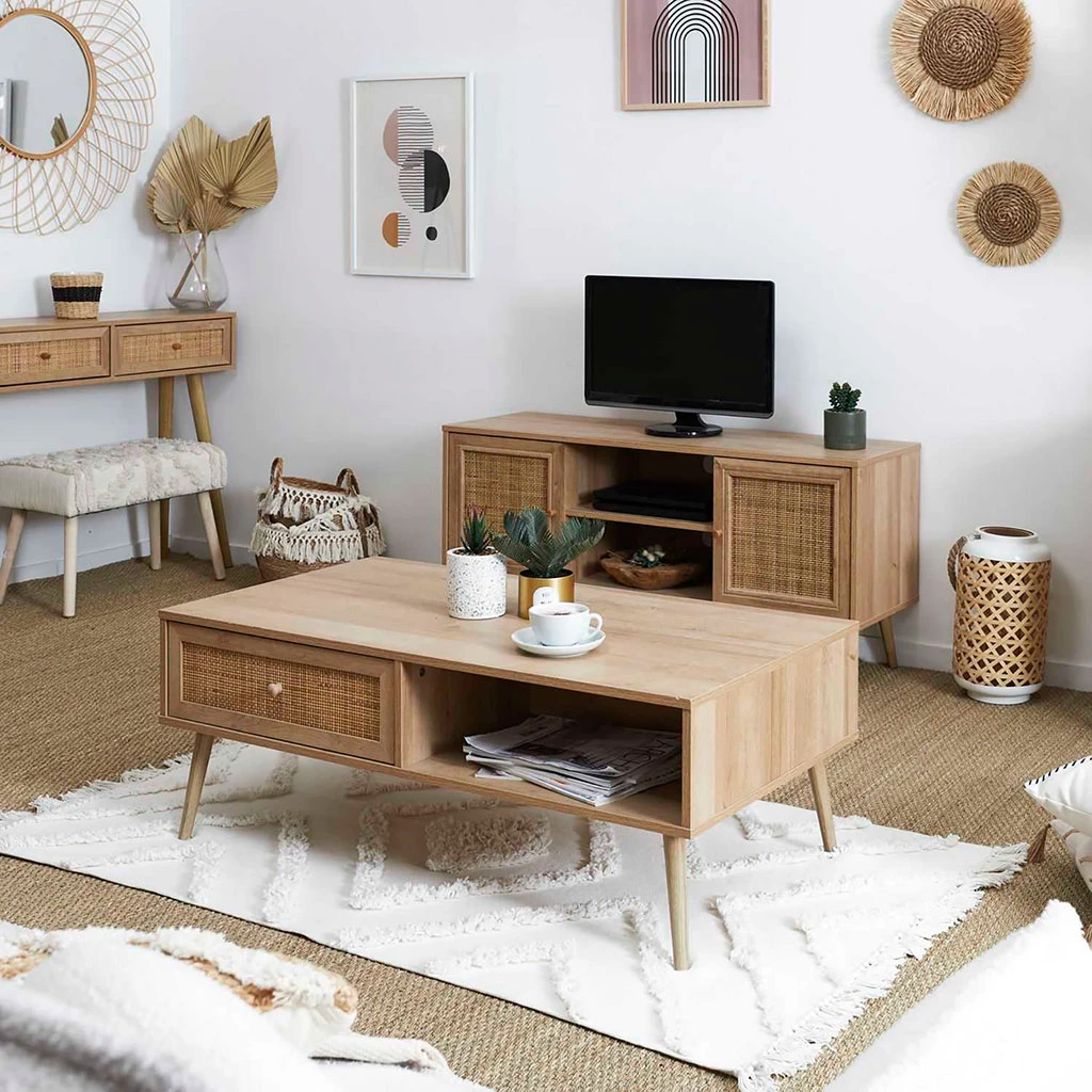 Table Basse Avec Tiroir En Bois Et Cannage L110cm - Baia 4 Table Basse Avec Tiroir En Bois Et Cannage L110cm - Baia – Image 4