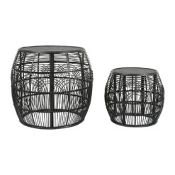 Table D'appoint Ronde (x2) En Rotin Et Bois Noir - Element
