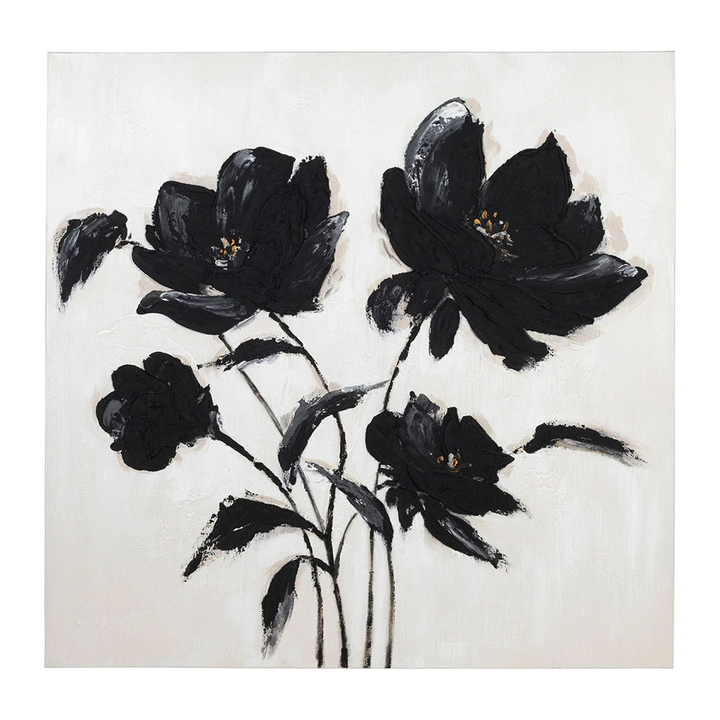 Tableau Fleurs En Toile Et Pin Noir Et Doré 100x100cm - Fleurs 1 Tableau Fleurs En Toile Et Pin Noir Et Doré 100x100cm - Fleurs