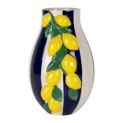 Vase Citron Rayé En Dolomite Indigo Blanc Et Jaune H28cm - Medi